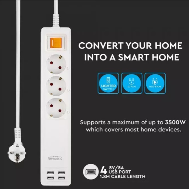 Πολύμπριζο WiFi με 3 Σούκο & 4 USB Συμβατό με Amazon Alexa & Google Home 8447 - V-TAC