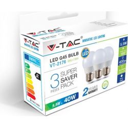 Λάμπα LED E27 σφαιρική G45 SMD 5.5W Ψυχρό λευκό 6400K Σετ 3 τεμαχίων V-TAC 7364